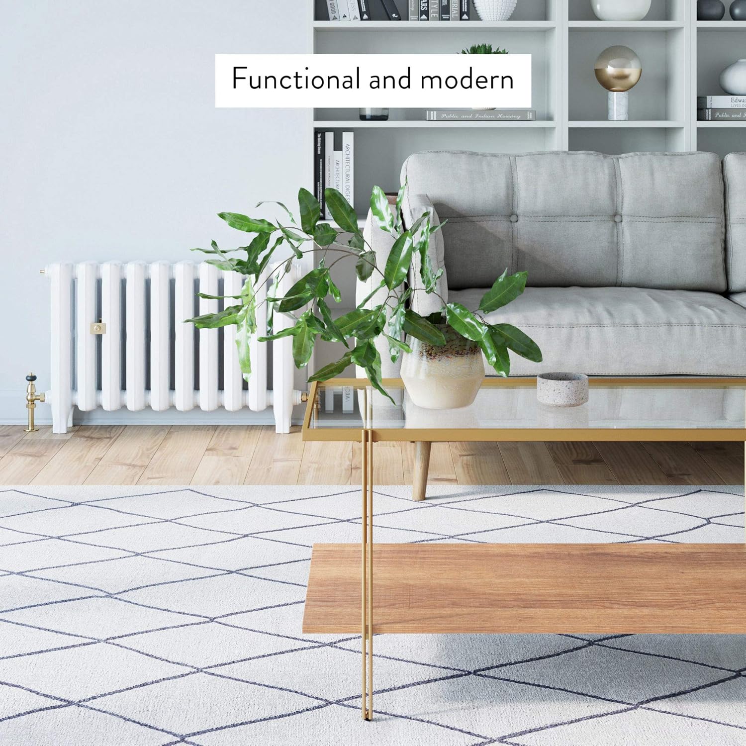 Nathan James Asher Mid-Century Rectangle Coffee Table Glass Top and Rustic Oak Storage Shelf with Sleek Brass Metal Legs, Gold: Furniture & Decor