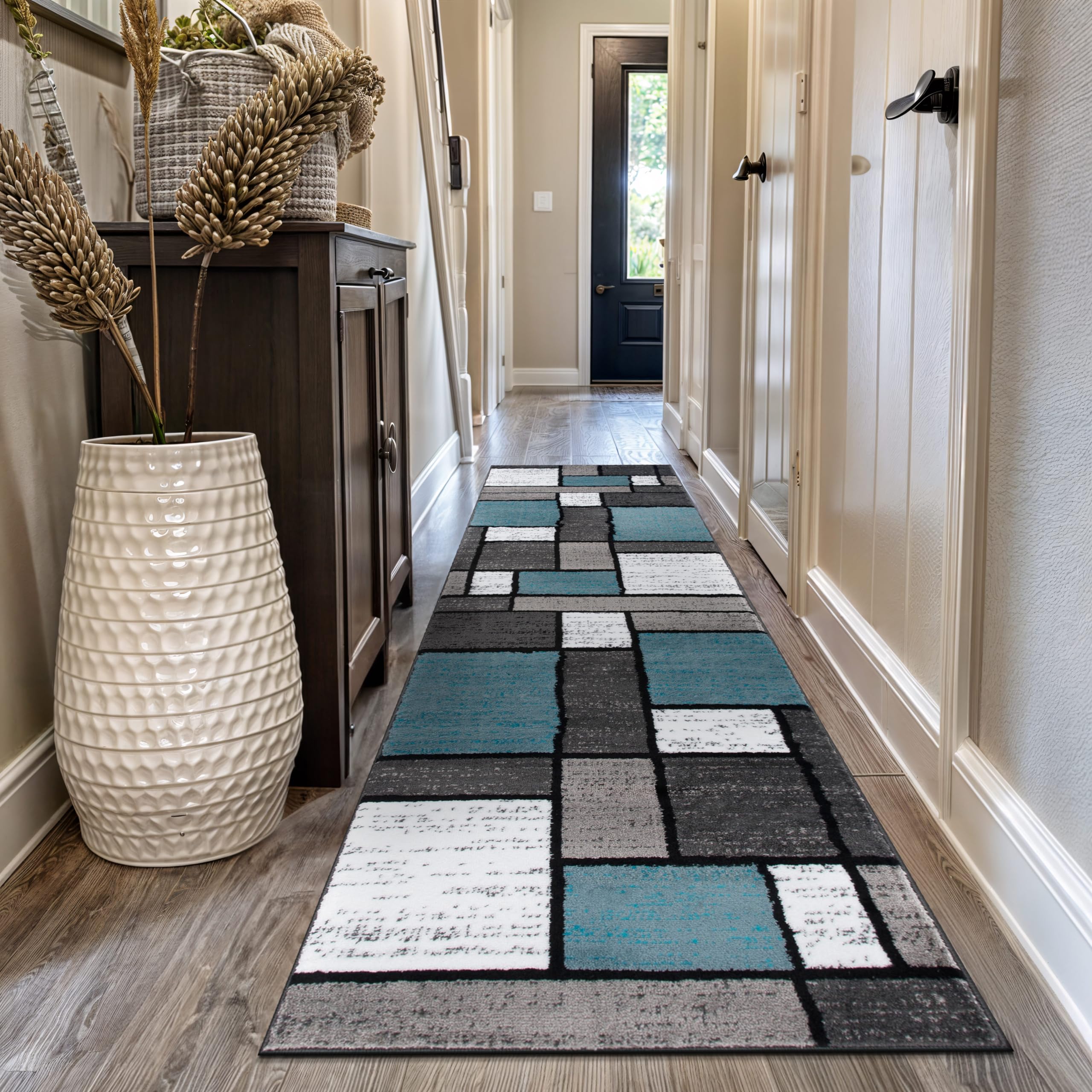 Rugshop Contemporary Modern Boxes for Home Office,Living Room,Bedroom,Kitchen Non Shedding Runner Rug 2'7" x 12' Blue Image