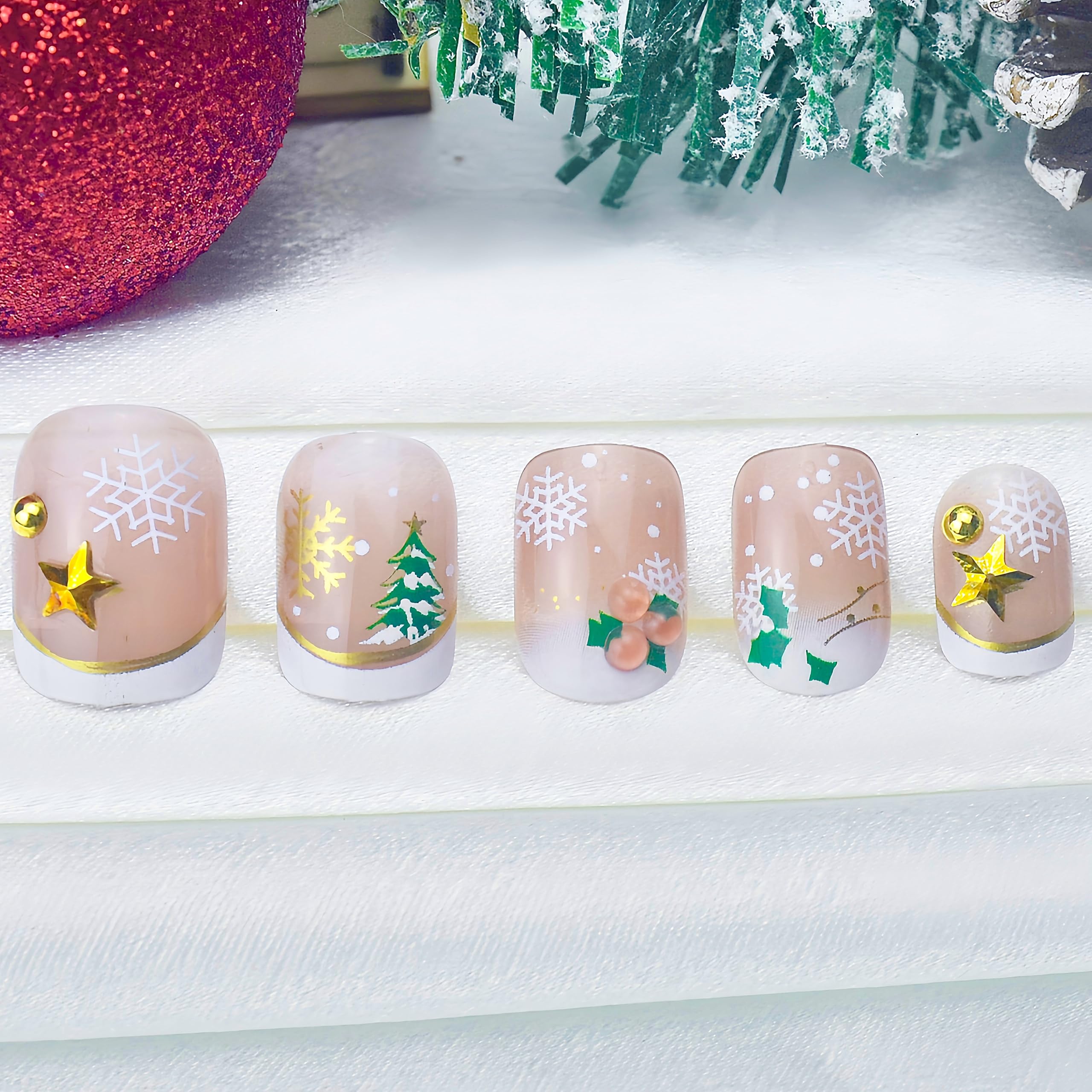 Christmas Press on Nails Short Square Fake Nails Christmas Red Fruit False Nails White French with Snowflake Christmas Tree Acrylic Nails Full Cover Stick on Nails for Women Party Nails Decor 24pcs - Image 4