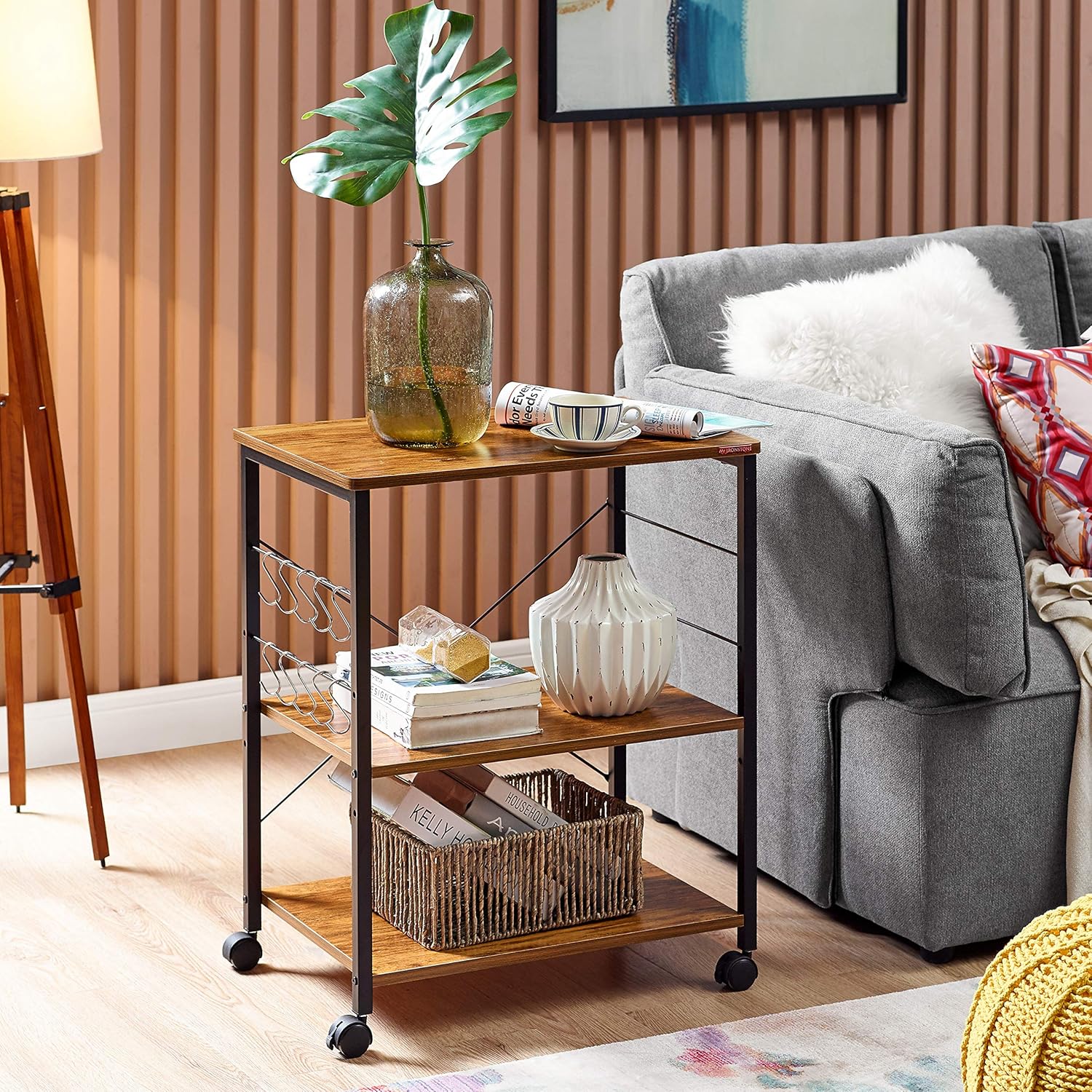 Mr IRONSTONE Kitchen Microwave Cart 3-Tier Kitchen Utility Cart Vintage Rolling Bakers Rack with 10 Hooks for Living Room Decoration - Standing Baker's Racks