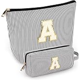 2 PCS Initial Makeup Bags for Women: Cosmetic Bag for Travel Toiletry - Birthday Gifts for 11 12 13 14 15 16 17 18 Years Old Girl Graduation Teacher Gift- Teen Girl Gifts Trendy Stuff - Black A