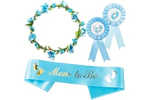 2OOYA Blue and Gold Mom to Be Sash Kit Gender Reveals Party Floral Garland Crown with Daddy to Be Tinplate Badge Combo Decor Supplies Favors for Boys Baby Shower Party Photo Prop Gift