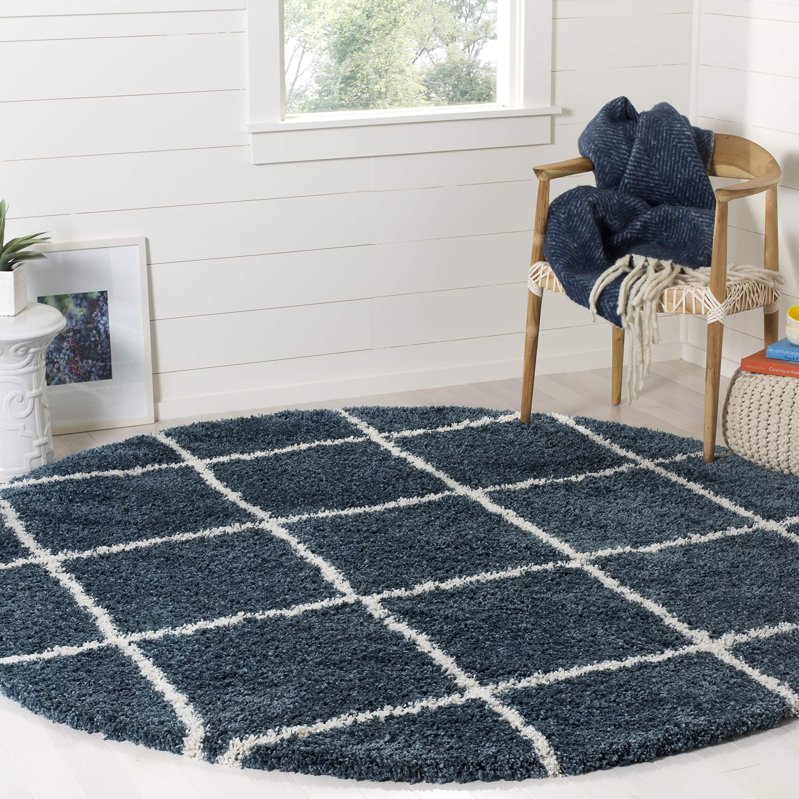 SAFAVIEH Hudson Shag Collection Area Rug - 9' Round, Slate Blue & Ivory, Modern Trellis Design, Non-Shedding & Easy Care, 2-inch Thick Ideal for High Traffic Areas in Living Room, Bedroom (SGH281L) Image SAFAVIEH Hudson Shag Collection Area Rug - 9' Round, Slate Blue & Ivory, Modern Trellis Design, Non-Shedding & Easy Care, 2-inch Thick Ideal for High Traffic Areas in Living Room, Bedroom (SGH281L) Image