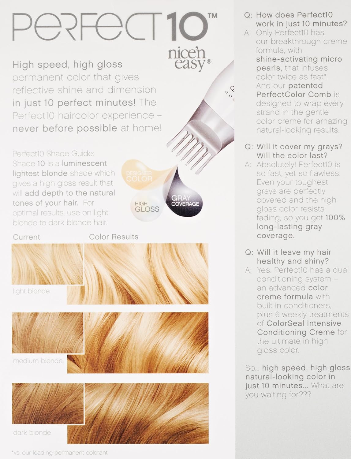 Clairol Nice'n Easy Perfect 10 Permanent Hair Color, 10 Lightest Blonde, Pack of 2 : Chemical Hair Dyes : Beauty