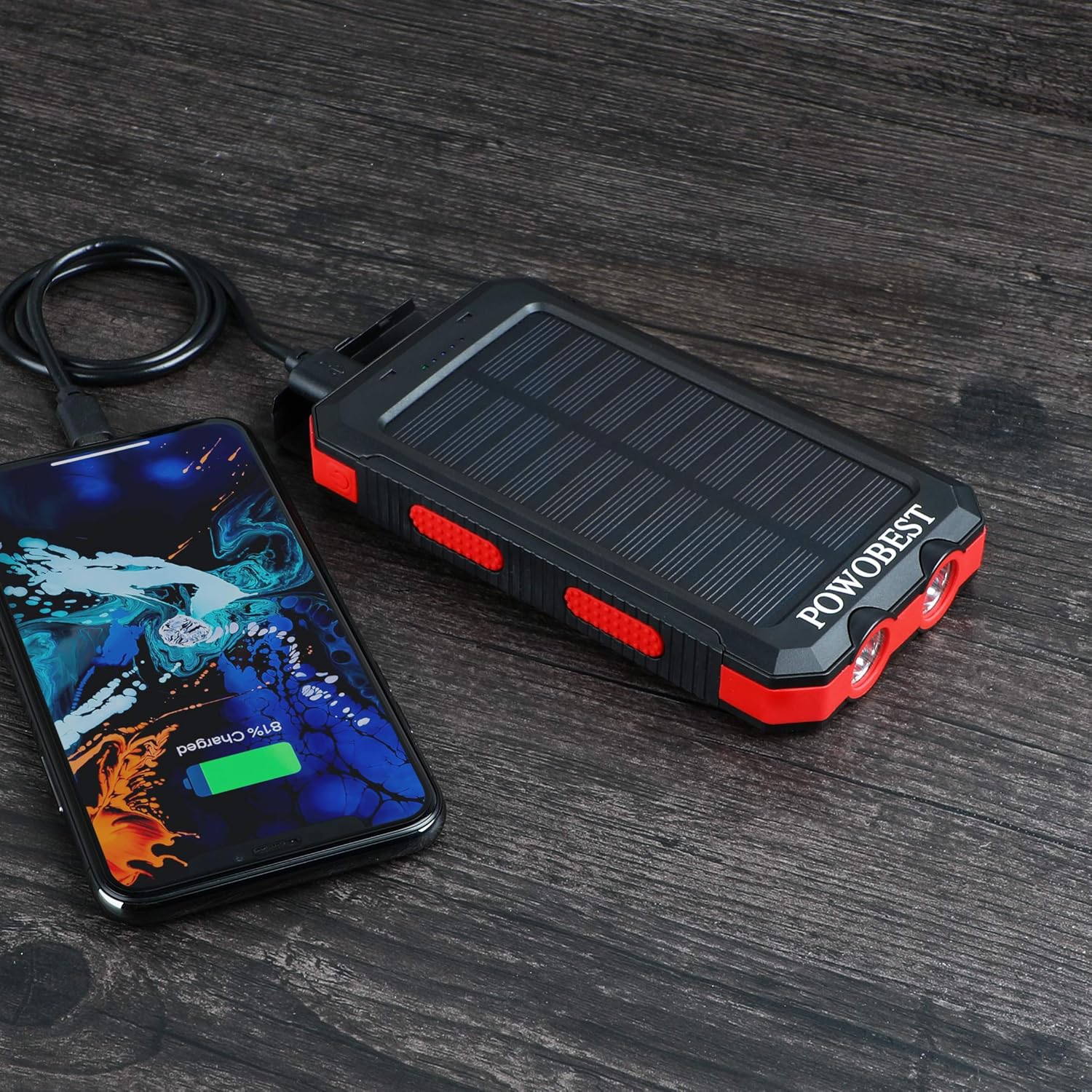 Solar Cell Phone Charger 10000mAh, POWOBEST Waterproof Solar Power Bank with Dual USB, External Backup Battery Pack for Smartphones, Portable Solar Panels with Flashlight & Compass: Home Audio & Theater