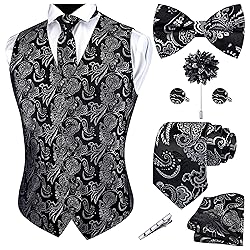 GUSLESON Mens White Black Vest Tie and Bow Tie Set