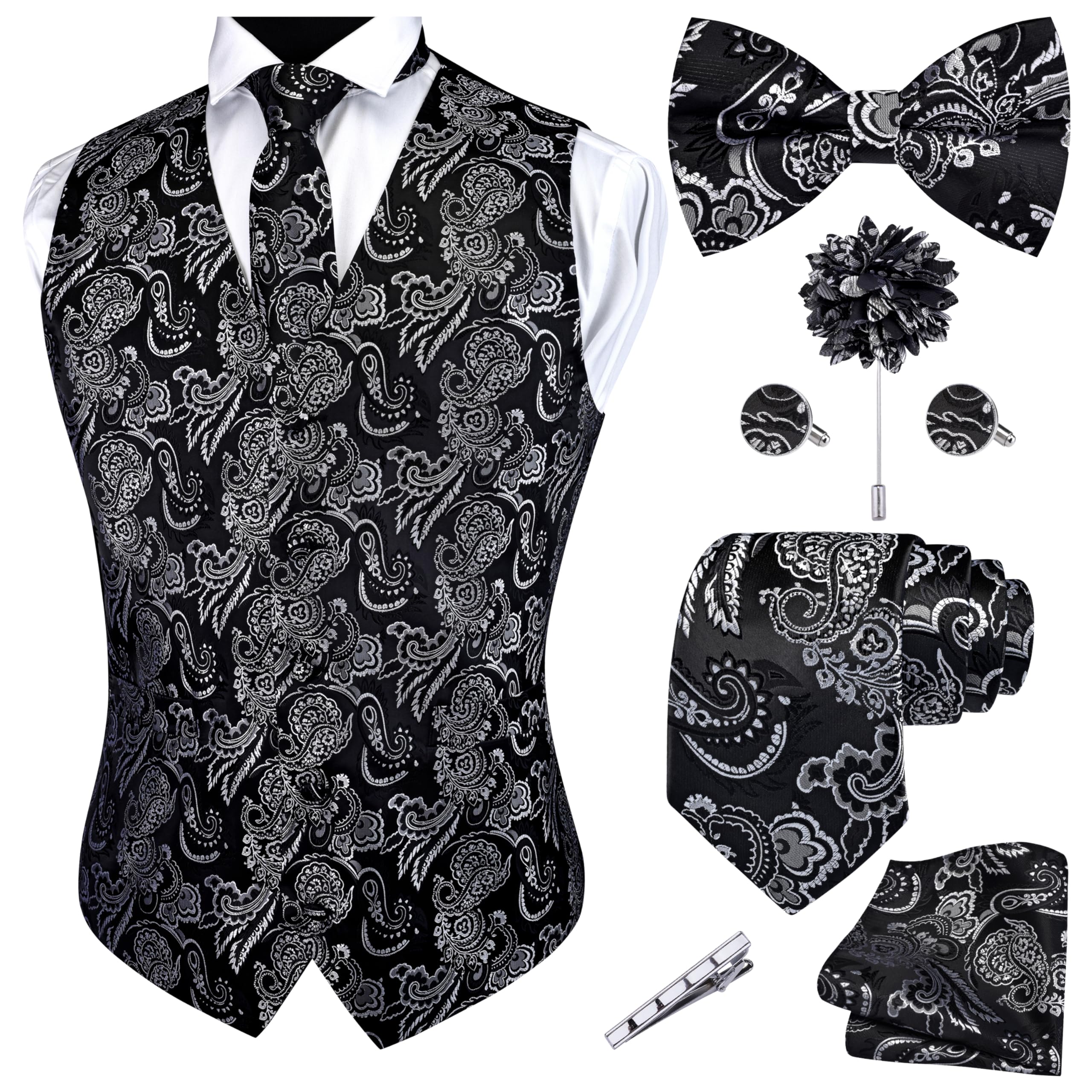 GUSLESON Mens White Black Vest Tie and Bow Tie Set
