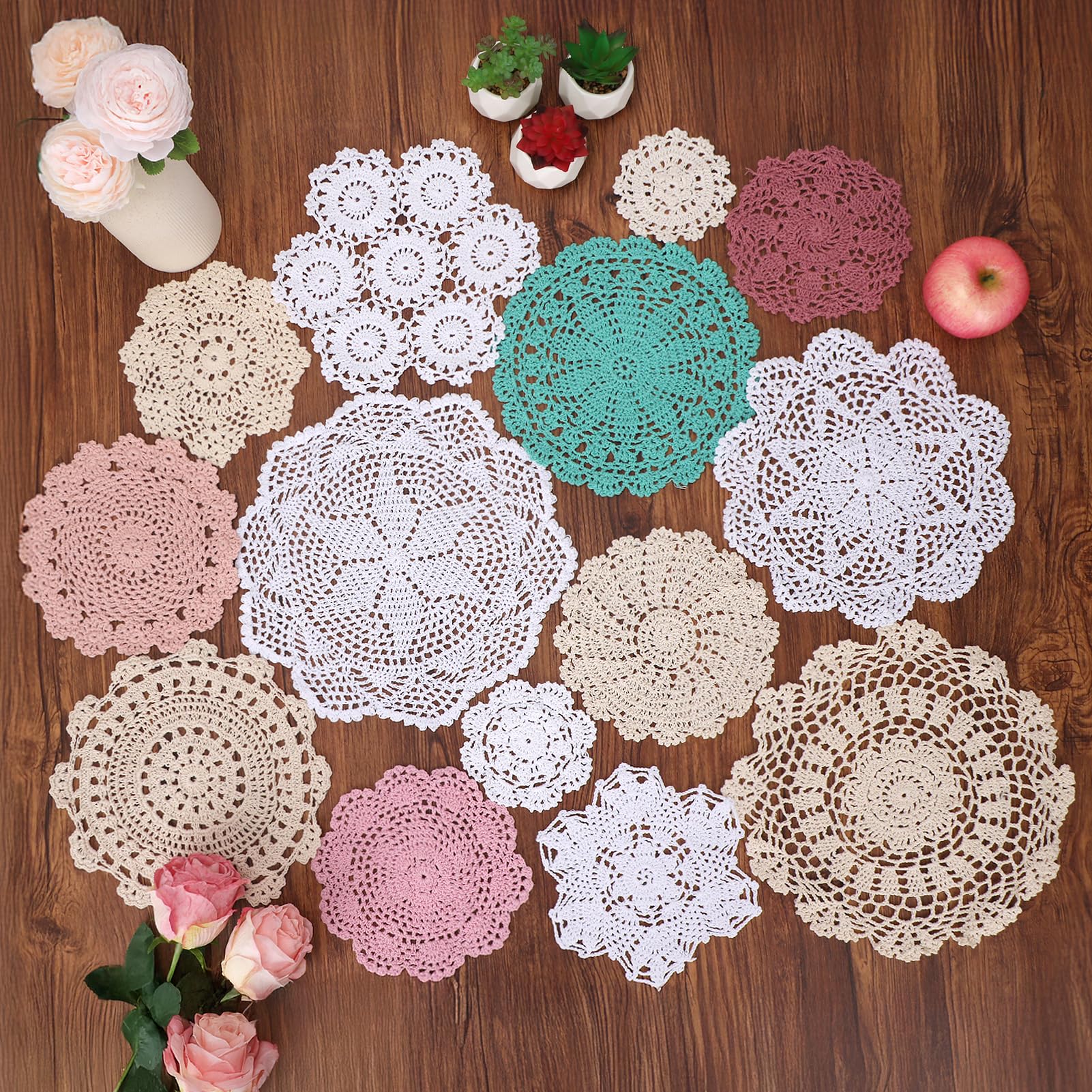 kilofly 14 pcs Cotton Crochet Coasters Doilies 11-30 cm Handmade White Beige Placemats