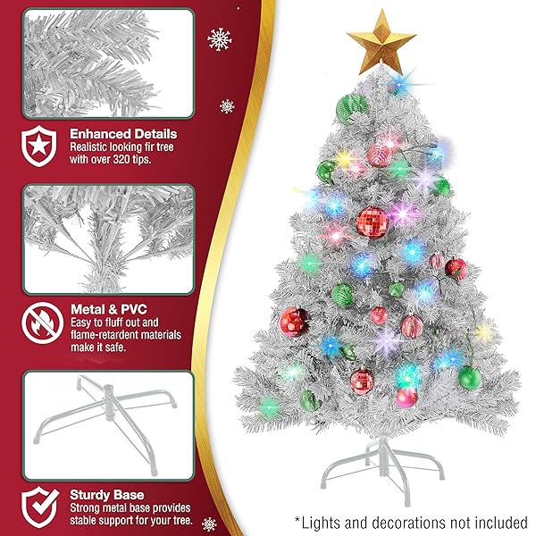 4FT WHITE CHRISTMAS TREE – PREMIUM HINGED ARTIFICIAL SMALL CHRISTMAS TREE, CANADIAN FIR FULL BODIED 4 FEET TREE WITH 320 TIPS, LIGHTWEIGHT AND EASY TO ASSEMBLE HOLIDAY DÉCOR TREE WITH METAL STAND