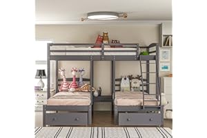 FLIEKS Full over Twin & Twin Bunk Bed,Triple Bunk Bed Frame for Boys Girls Kids Adults Toddler with Drawers, Gray