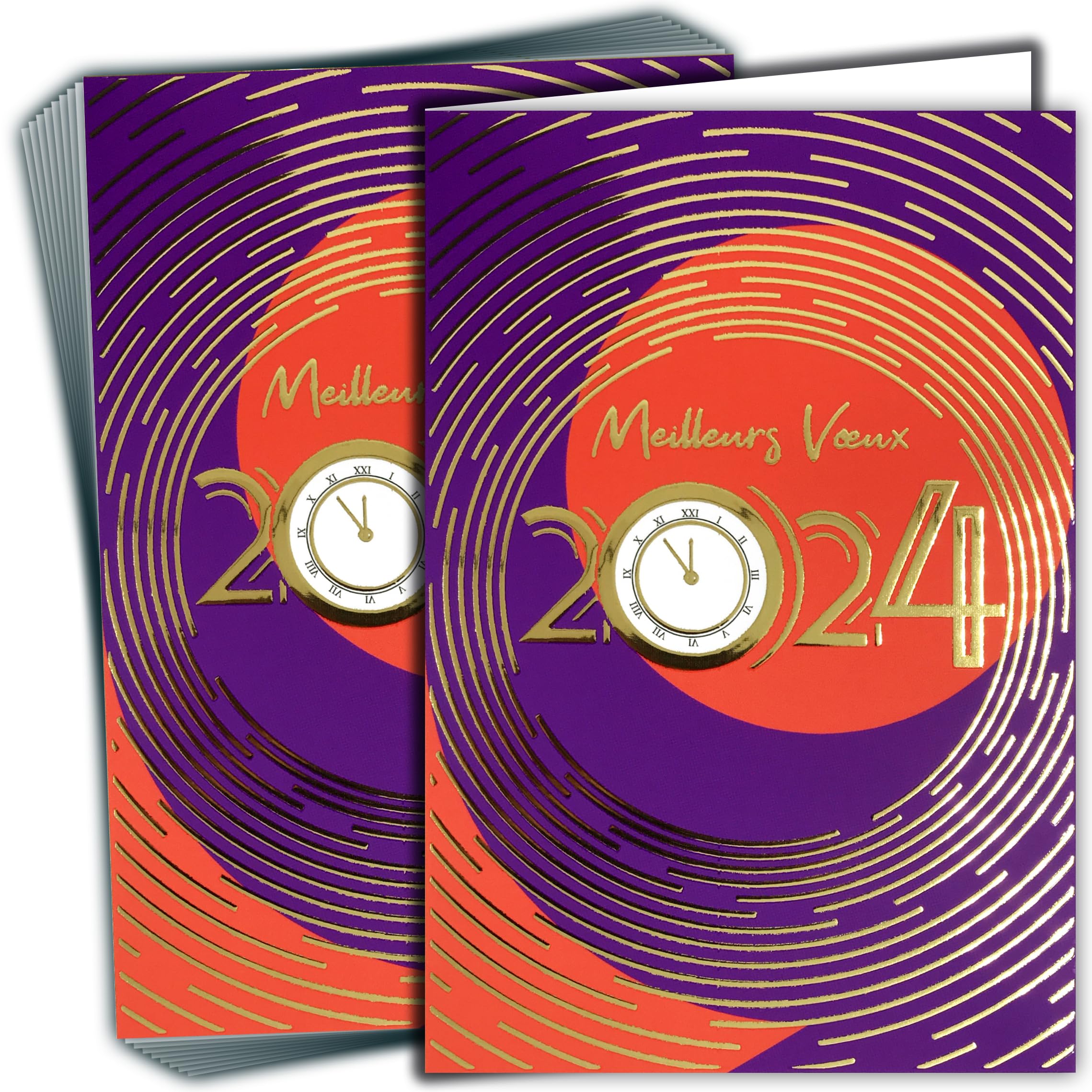 LOT10-61-5820 Set of 10 Gold Greetings Cards + 10 Envelopes 17.5 x 12 cm Large Number Numbers Shiny Gold Glittering Midnight Eve White Interior Made in France