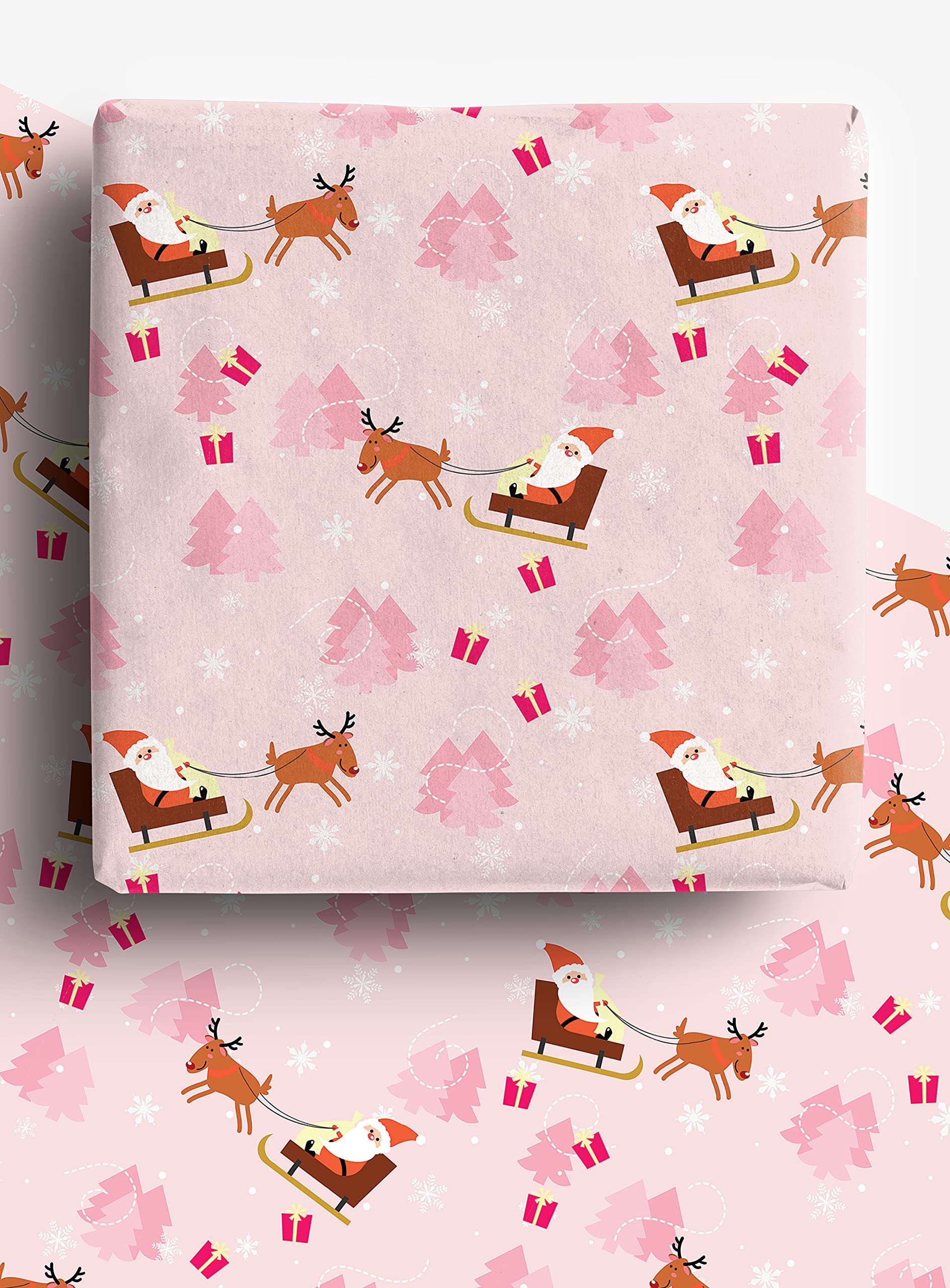 Pink Santa Girls Christmas Wrapping Paper - 4 x Premium Recyclable Cute Eco Friendly Xmas Gift Wrap Sheets 70cm x 50cm each