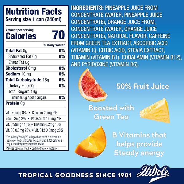 DOLE ENERGY DELIGHT FLAVORED FRUIT JUICE DRINK, CITRUS SUNRISE, EXCELLENT SOURCE OF VITAMIN C, B12 & B6, WITH GREEN TEA WITH 80MG CAFFEINE, 70 CALORIES, GLUTEN FREE AND NO ADDED SUGAR, 8 FL OZ (PACK OF 4)