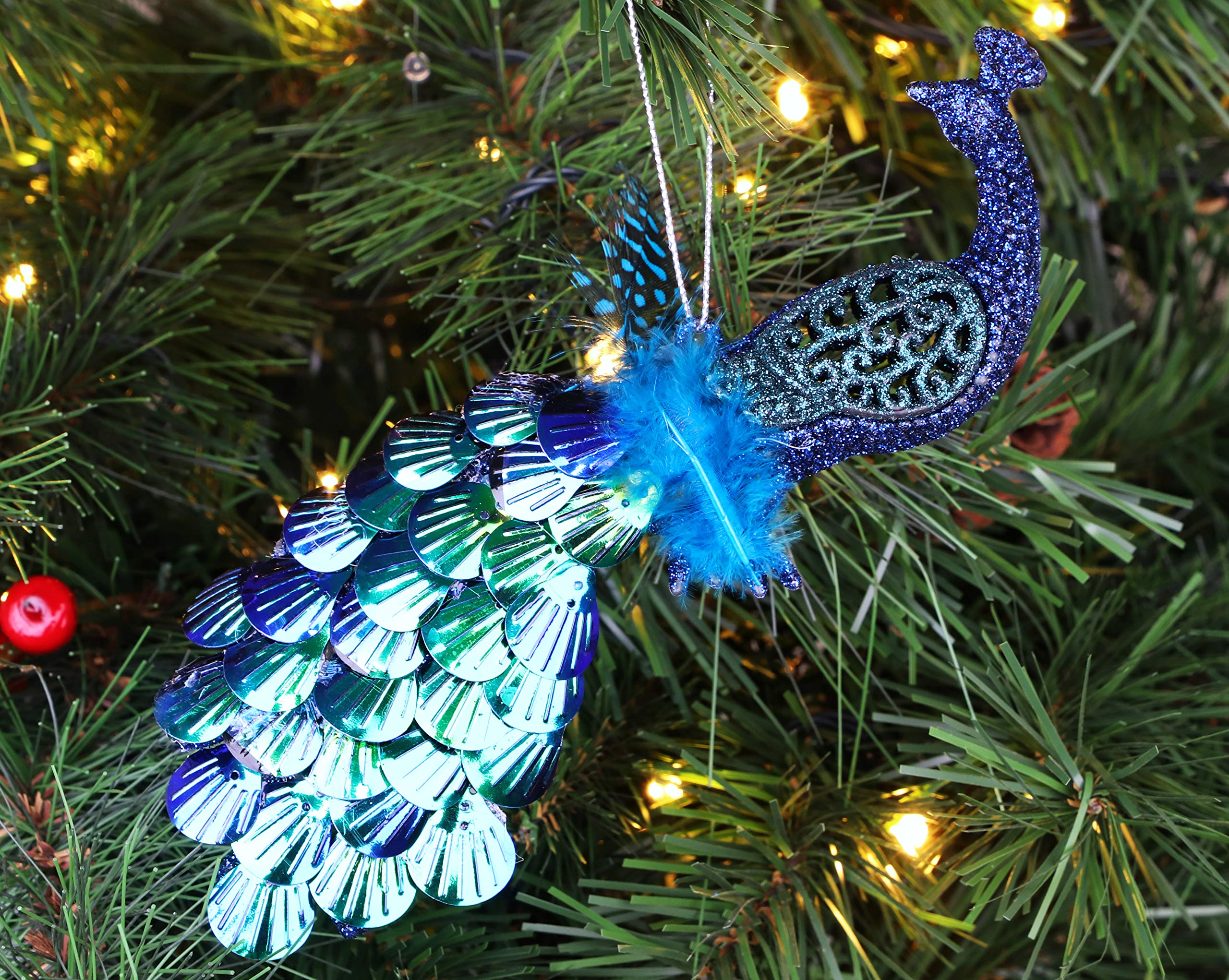 Christmas Concepts® 20cm Peacock Decoration With Jewelled Tail - Luxury Christmas Tree Decorations (Midnight Blue Sequins, Pack of 1)