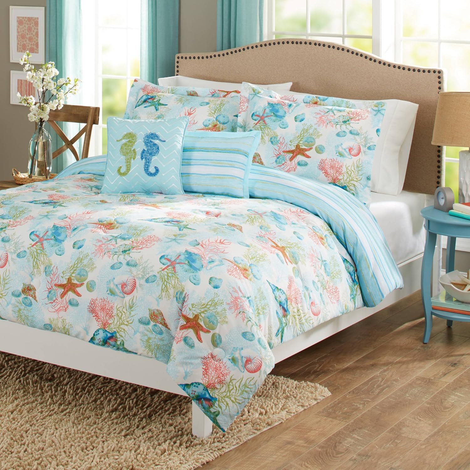 5 Piece Kids Blue Beach Day Comforter Full Queen Set Coral Pink