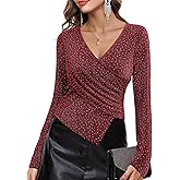 VALOLIA Womens Sparkly Tops Rhinestone Shiny Long Sleeve Ruched Asymmetrical Sparkle Blouses Cocktail Party Evening Shirts
