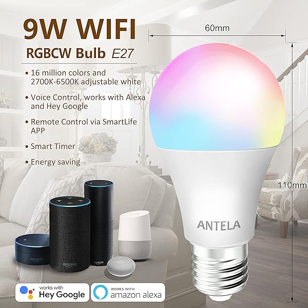 ANTELA Bombilla LED Inteligente WiFi Regulable 9W Bombilla RGB Colores Regulable 2700K 6500K Bombilla Control Remoto Control Por Voz Compatible Con AlexaGoogle Home Ahorro Energtico 2 Paquetes