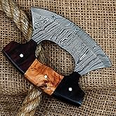 WAZIR CRAFTS Handmade Damascus Steel Ulu Knife | Multi-Purpose Alaska Knife For Chopping, Rocking, Mincing, Slicing Meat & Herb (WCU-03) (Wood)