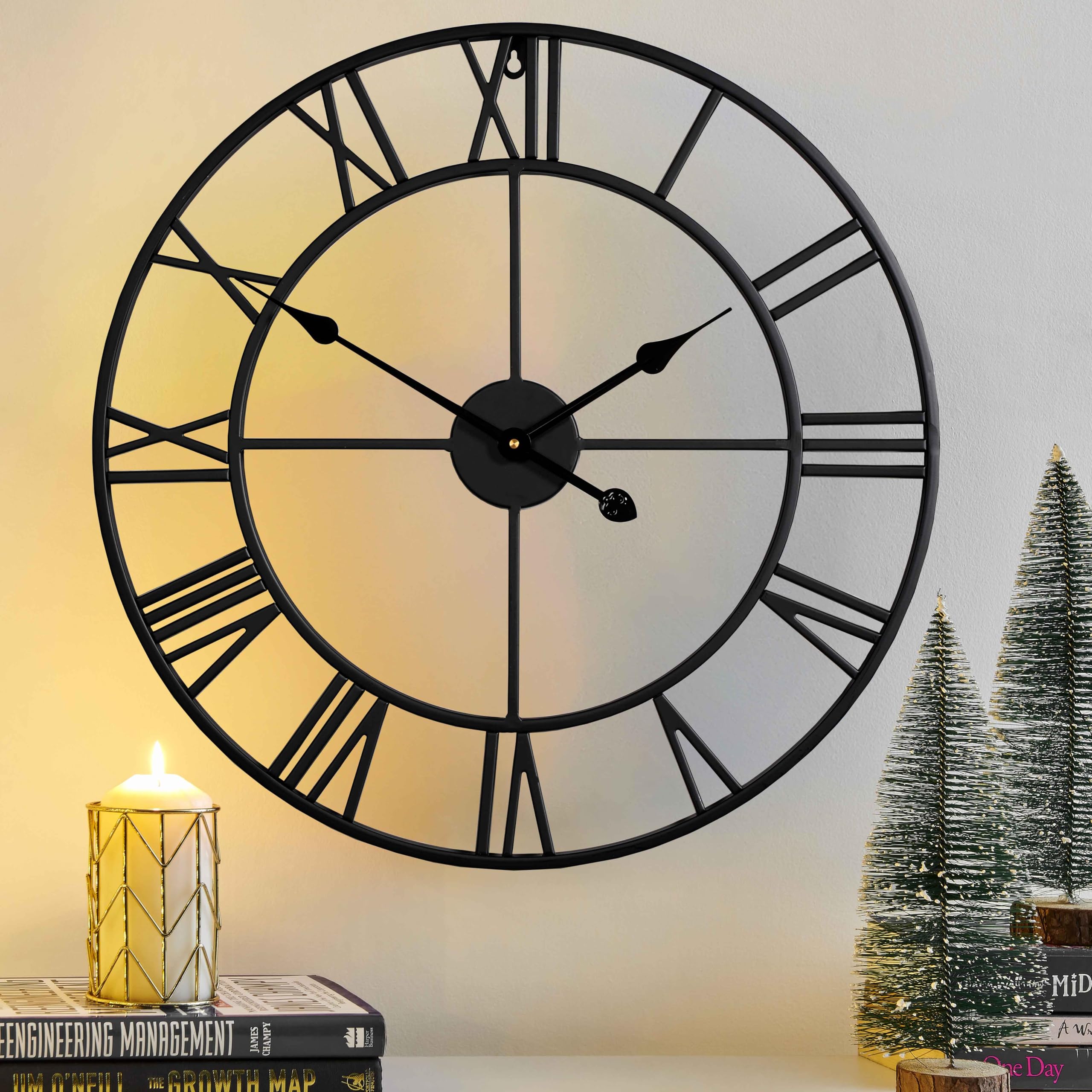 CLXEAST Silent 24 Inch Wall Clocks for Living Room Decor, Large Black Metal Roman Numeral Wall Clocks for Modern Farmhouse Home Decor,House Warming Gifts New Home