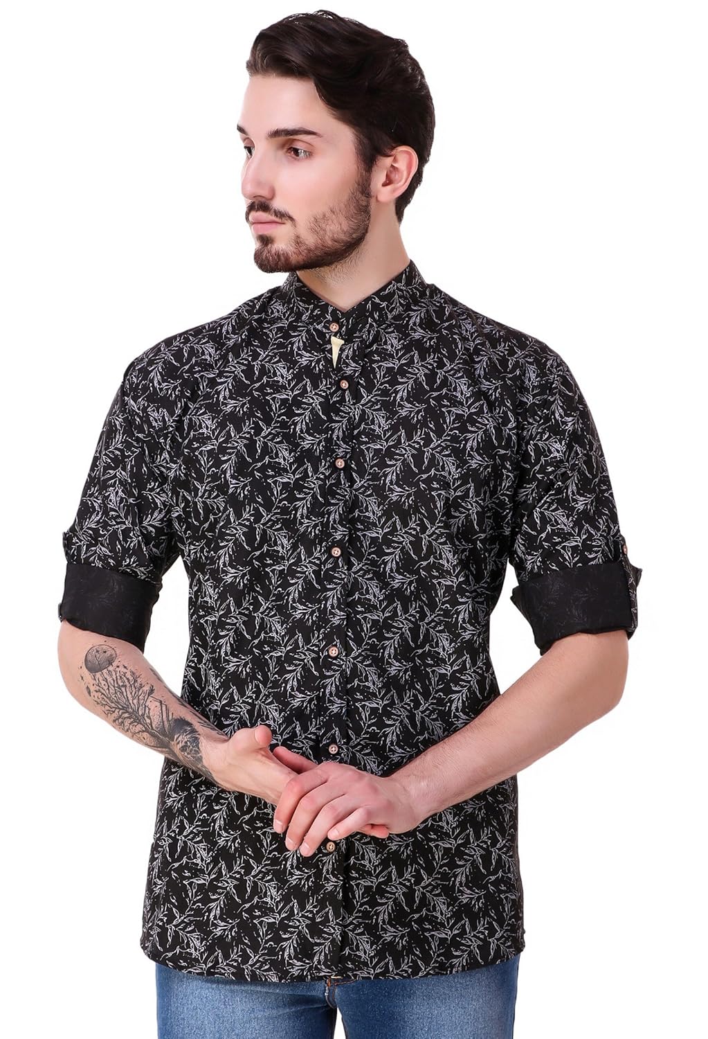 lafantar men's mandarin collar casual printed shirt (vxt32,black)