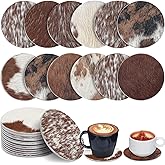 Hushee 12 Pcs Cowhide Coasters Round Natural Leather Cowhide Drink Coasters for Tea Cup Living Room Office Desk Decoration