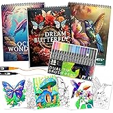 3Pcs Adult Coloring Book for Women Relaxation, 36 Colors Markers with Spiral Bound Adult Coloring Book for Women, 36 Dual Tip Colors Markers, Anxiety Relief Mindfulness Gifts(Ocean & Bird & Butterfly)