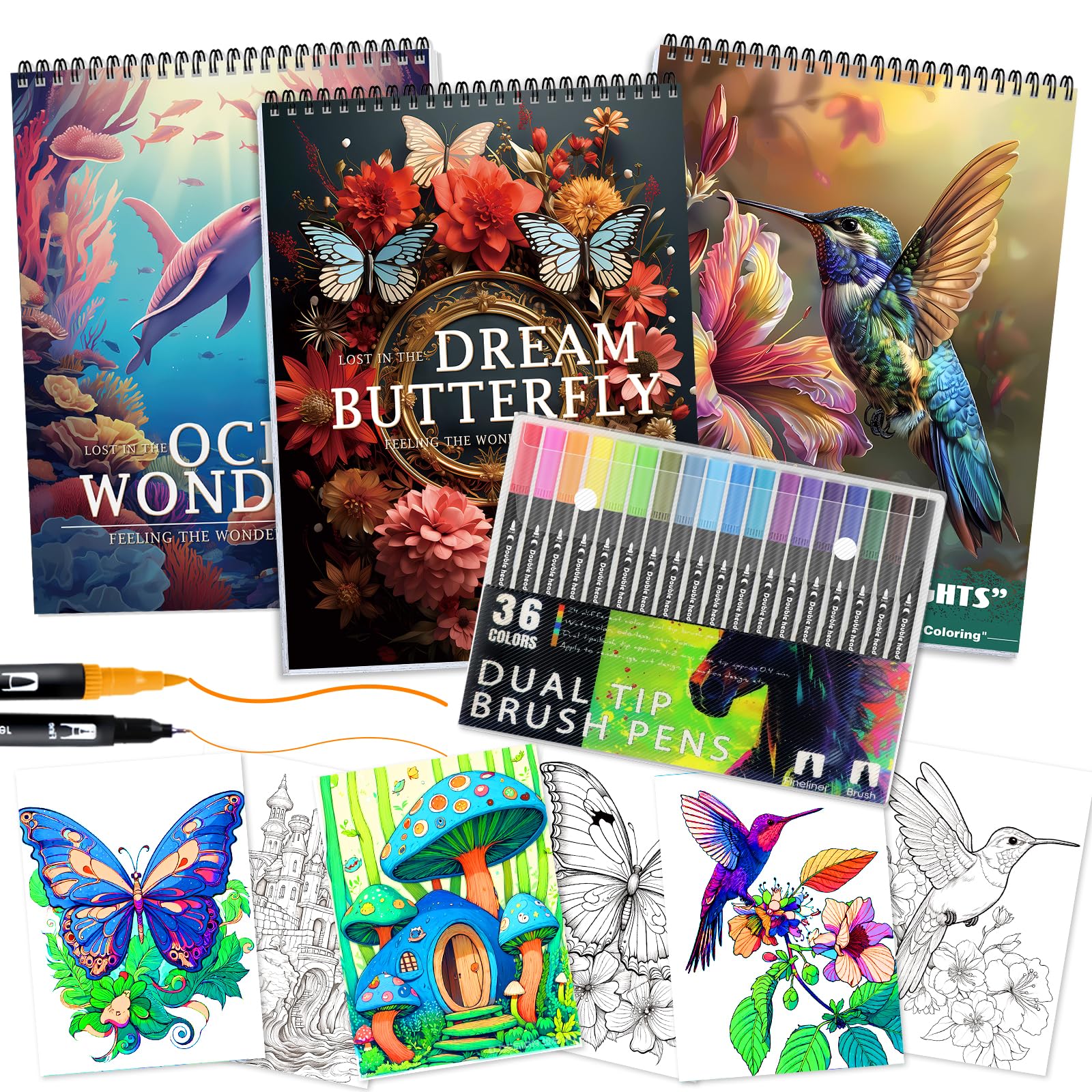 Photo 1 of 3Pcs Adult Coloring Book for Women Relaxation, 36 Colors Markers with Spiral Bound Adult Coloring Book for Women, 36 Dual Tip Colors Markers, Anxiety Relief Mindfulness Gifts(Ocean & Bird & Butterfly)