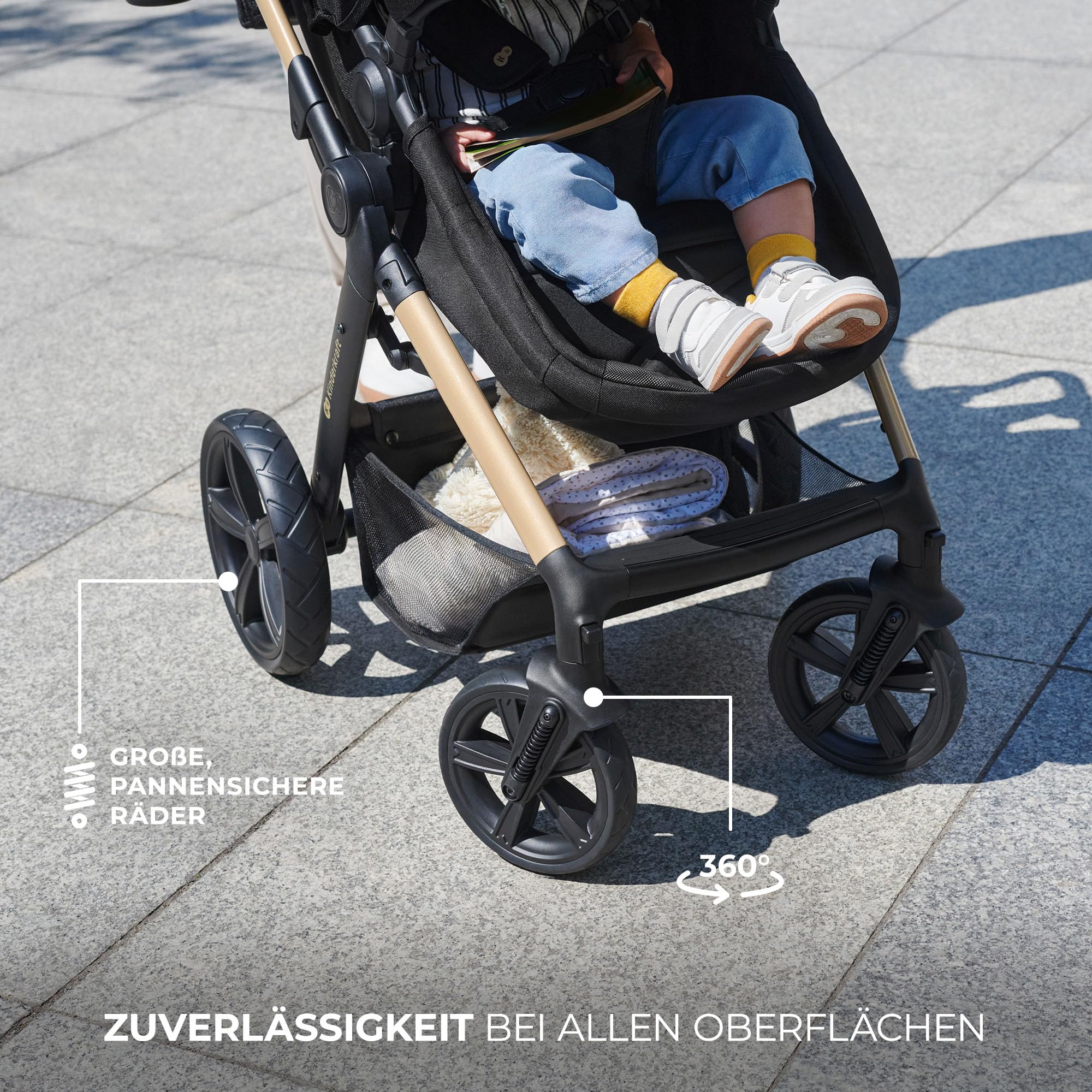 Kinderkraft MOOV 2 Kinderwagen 3 in 1 Kinderwagenset bis 22 kg mit Kindersitz I-SIZE 40-75 cm, Buggy Funktion, Liegeposition verstellbar, Große ausziehbare Verdeck, Eva-Schaum-Räder, Beige 6