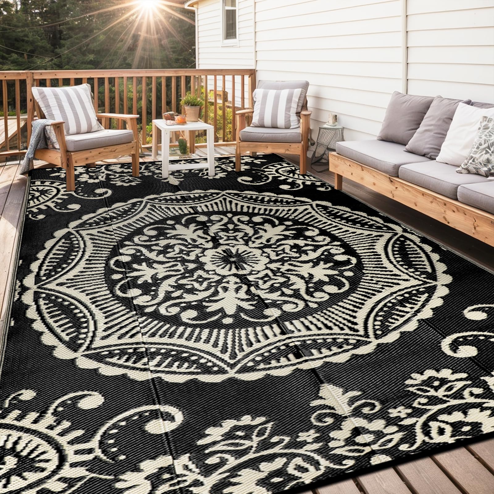Photo 1 of Capslpad Outdoor Rug 8x10 Patio Waterproof Boho Floral Plastic Straw Rug Large Foldable Vintage Outside Carpet with Carry Bag for RV Backyard Balcony Bench Picnic Porch,Black and Brown