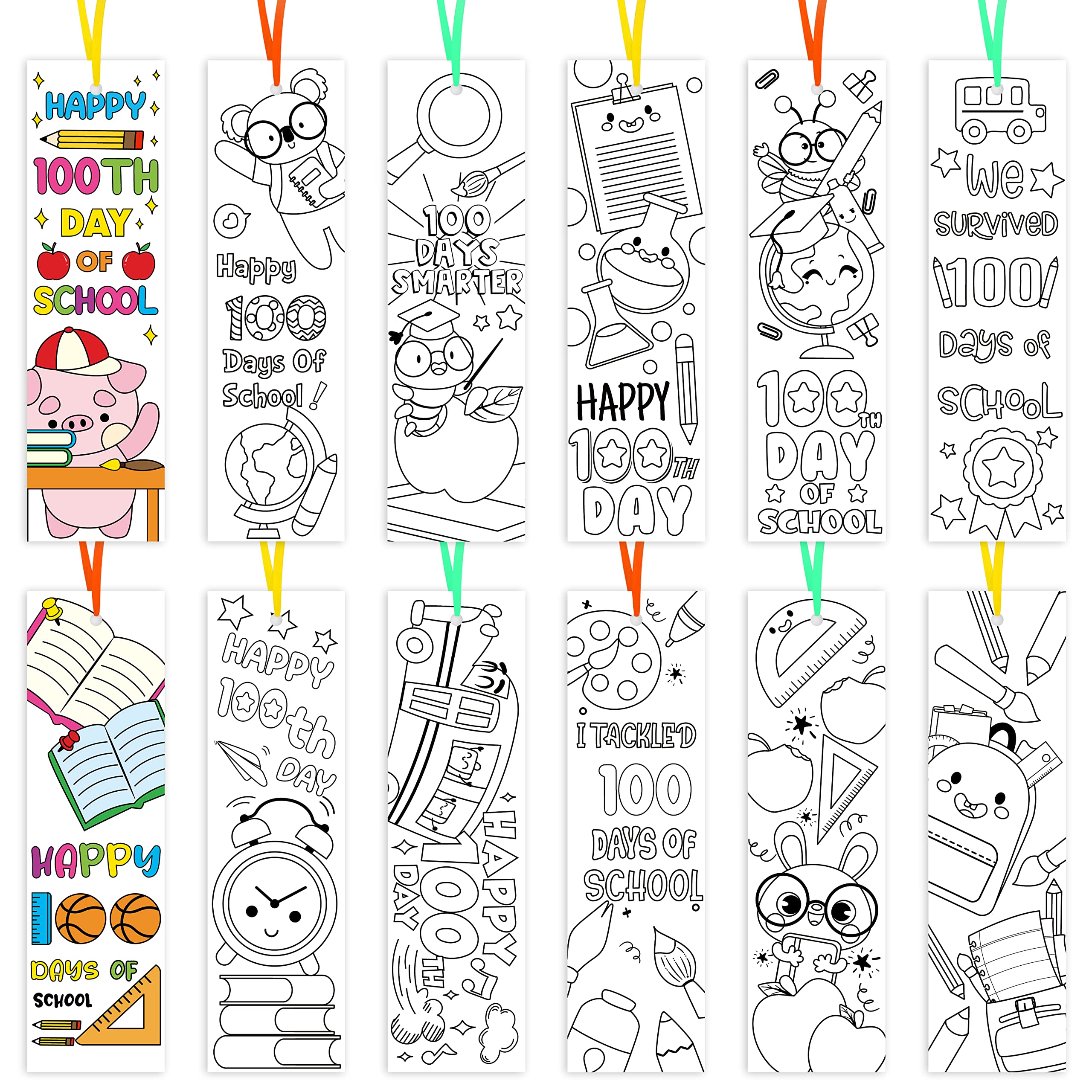 Photo 1 of 3sscha 72Pcs 100th Day of School Color Your Own Bookmarks for Kids DIY Coloring Blank Bookmark Including Pencil Ruler Painting Paper Classroom Party Supplies Goodie Bag Fillers Reading Rewards