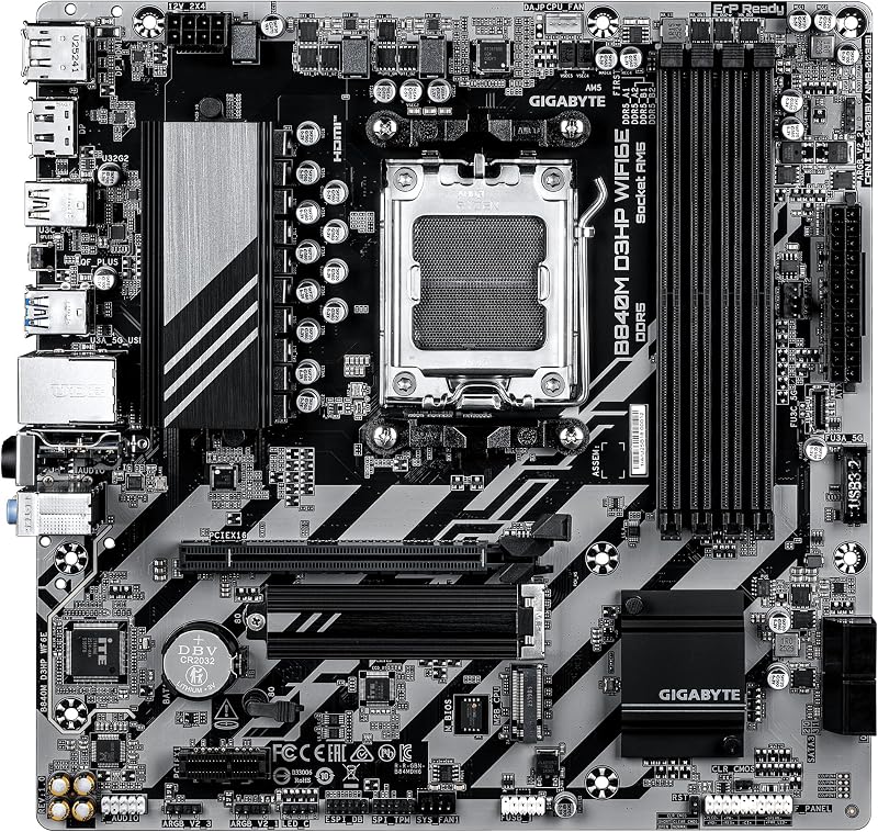 Motherboard GIGABYTE B840M D3HP WIFI6E – CPUs AMD Ryzen 9000, VRM de 8+2+2 fases, até 8200 MHz DDR5 (O.C.), 2× M.2 PCIe 4.0, Wi-Fi 6E, 1 GbE LAN, USB 3.2 Gen 2