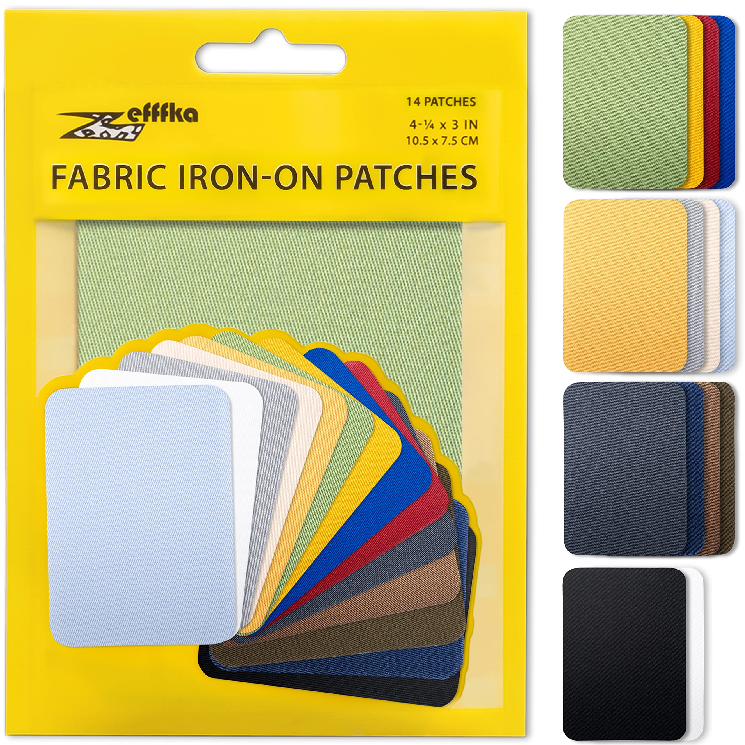 ZEFFFKA Premium Quality Fabric Iron-on Patches Inside & Outside Strongest Glue 100% Cotton Blue Gray Beige Brown Yellow Red Green Repair Decorating Kit 14 Pieces Size 3