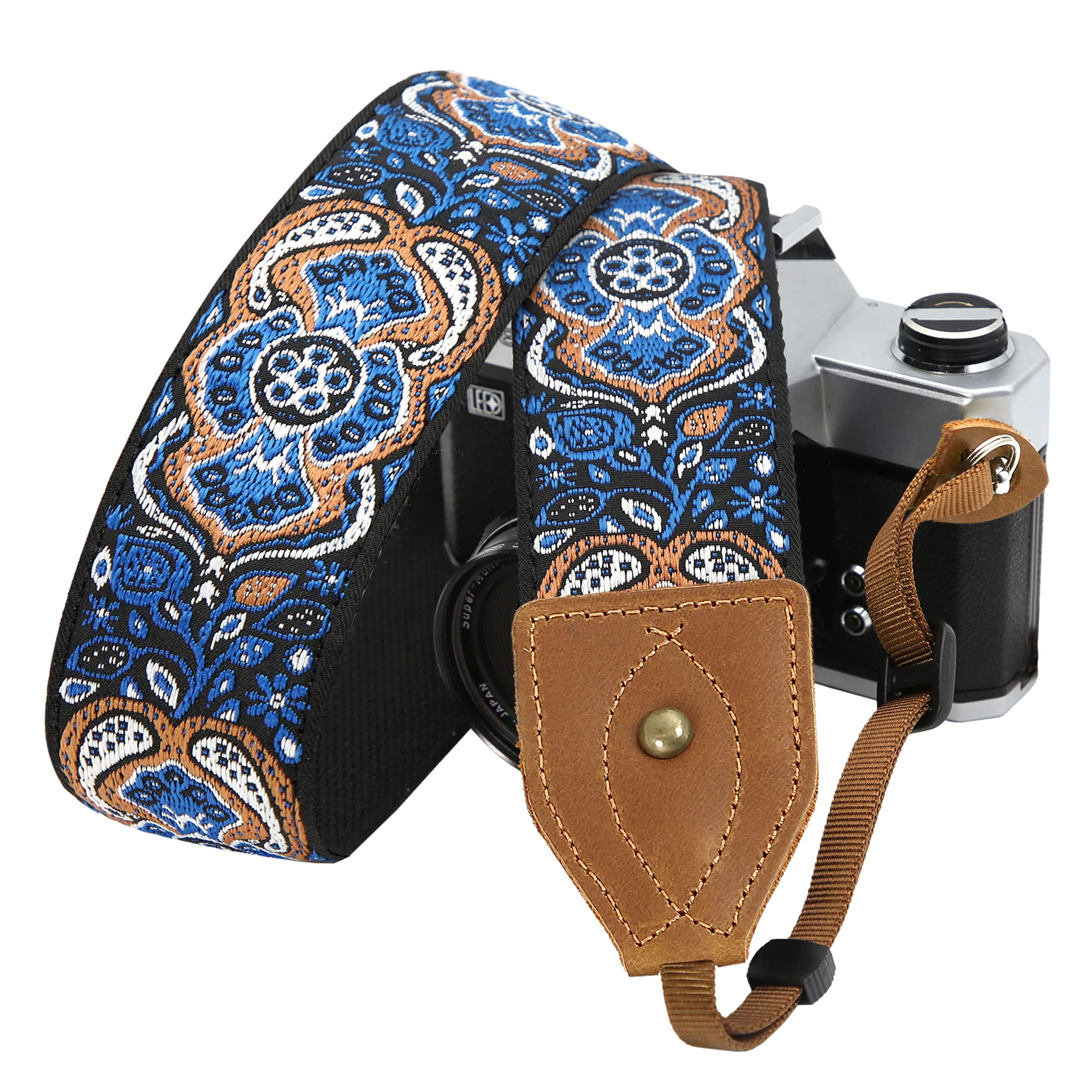 Padwa Lifestyle 2" Wide Classic Crazy Horse Art Cowhide Head Camera Strap - Jacquard Embroidery Floral Vintage Camera Straps for Photographers Gift, Adjustable Shoulder Neck Strap Fits DSLR Cameras