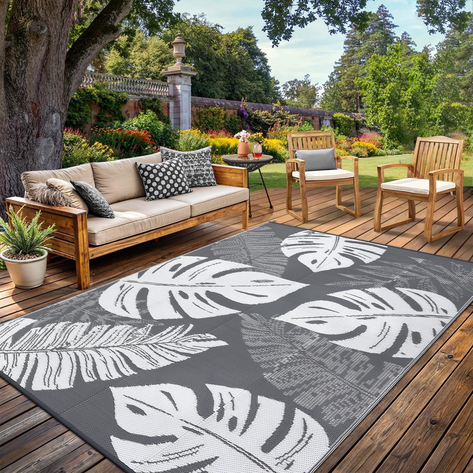 GarveeHome Outdoor Rug Waterproof 8×10 Reversible Outdoor Plastic Straw Rug Modern Palm Leaves Patio Rug Indoor Outdoor Mat RV Mat Outside for Patio Camp Balcony Deck Picnic, Grey and White