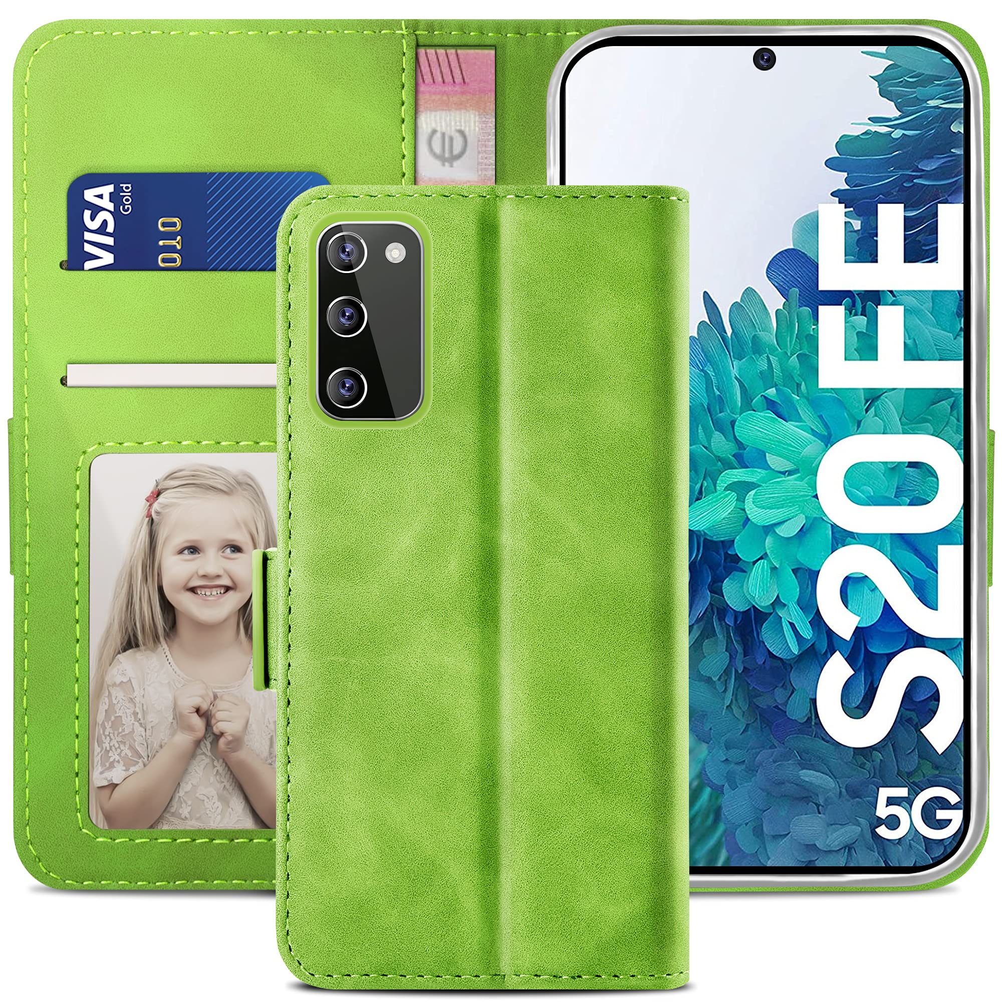 YATWIN Case for Samsung Galaxy S20 FE 5G 2022, Flip Wallet Leather Case with Card Holder Kickstand Phone Cases Cover for Samsung S20 FE 4G/5G - Green