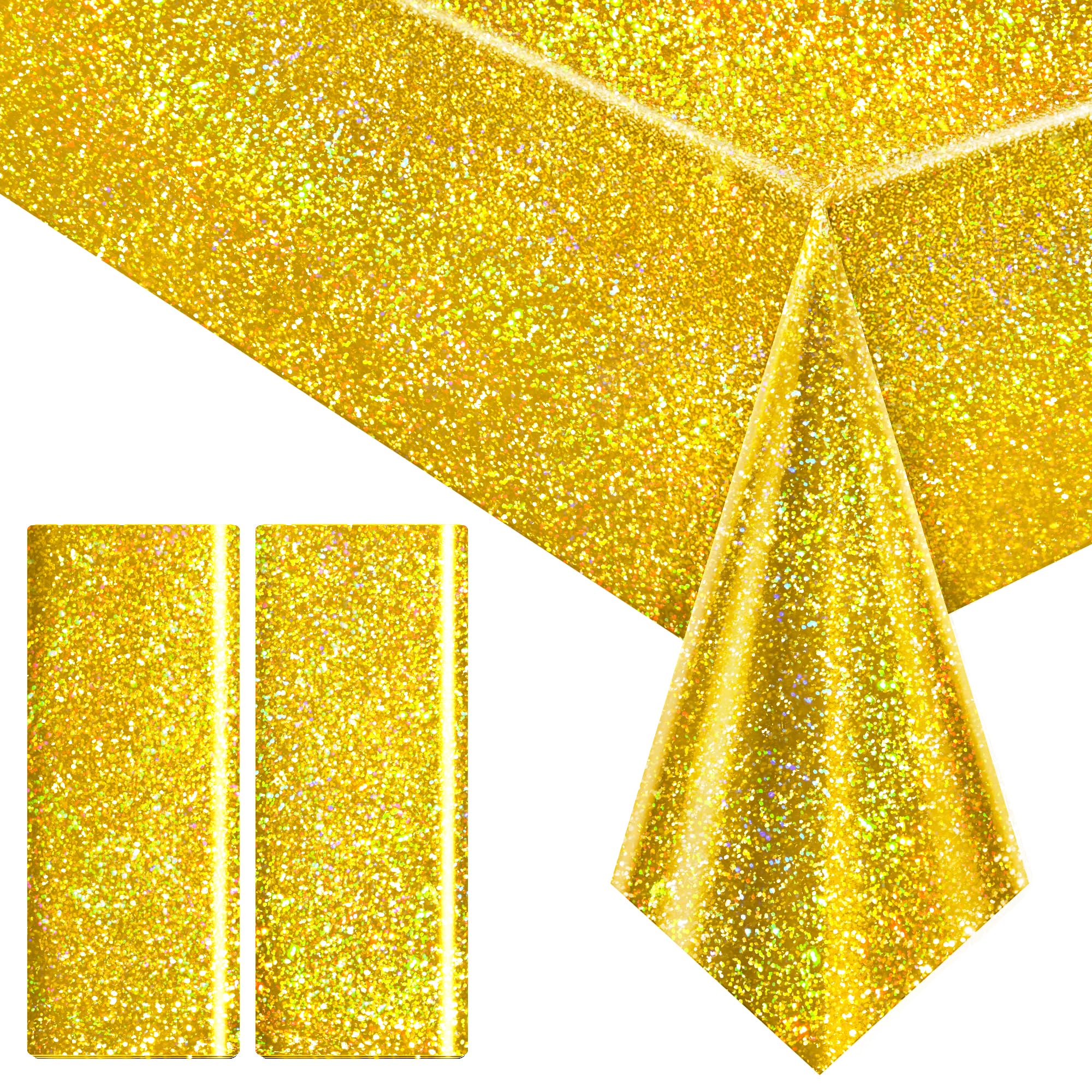 Photo 1 of 2 pcs Gold Holographic Party Tablecloths 40" x 108" Laser Shiny Table Cloths Plastic Glitter Foil Table Cover for Christmas Wedding Graduation Baby Shower 1920s Birthday Party Anniversary Supplies