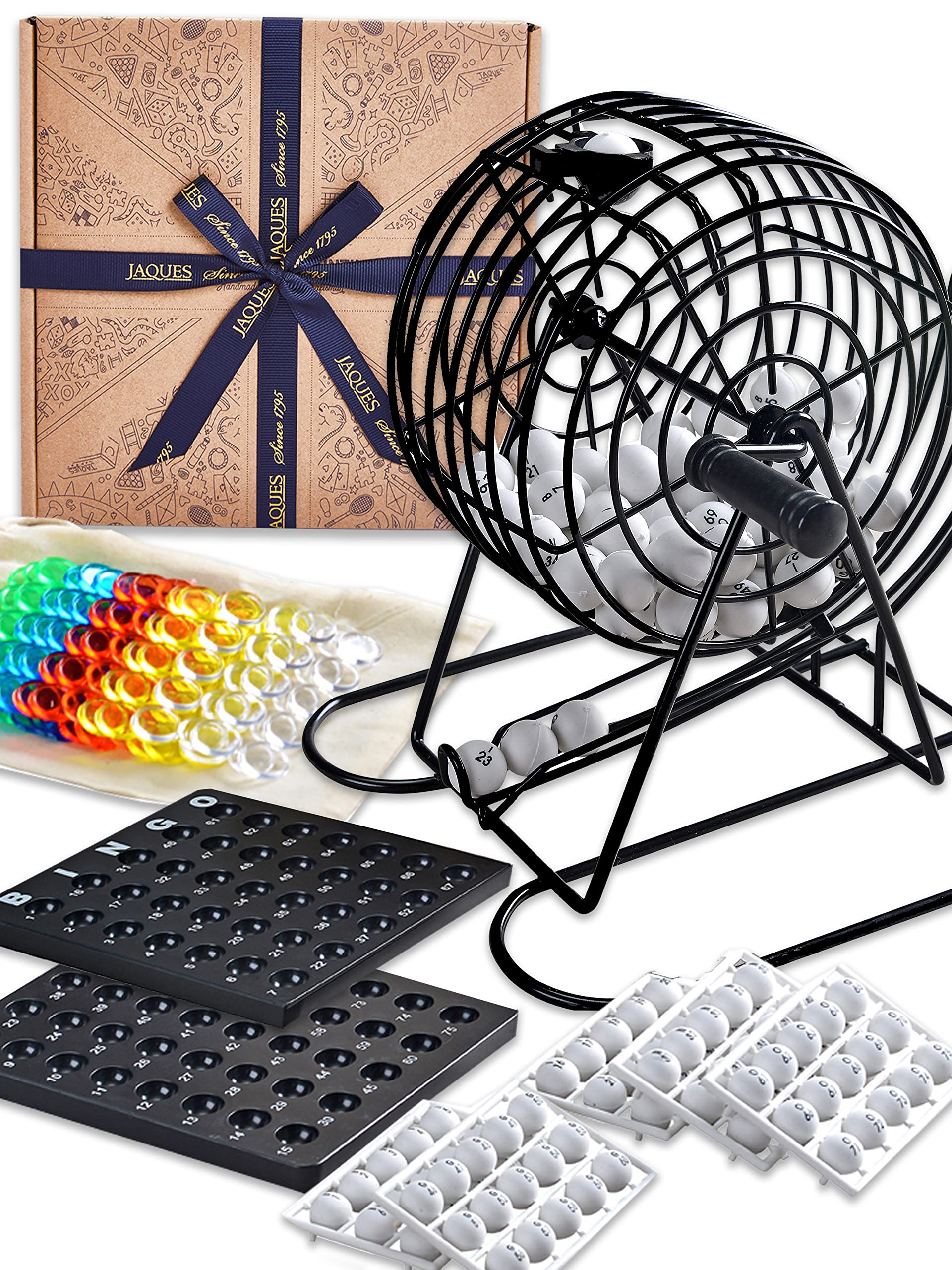 Jaques of London Metal Bingo Machine Game Set | Family Board Game with Bingo Cards, Counters, Bingo Balls Numbers 1-75 | Kids and Adults Bingo Game | Since 1795