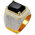Uloveido Men's Gold Plated Emerald Cut Simulated Onyx Ring Wedding Band Super Big CZ Hip Hop Rings RA408
