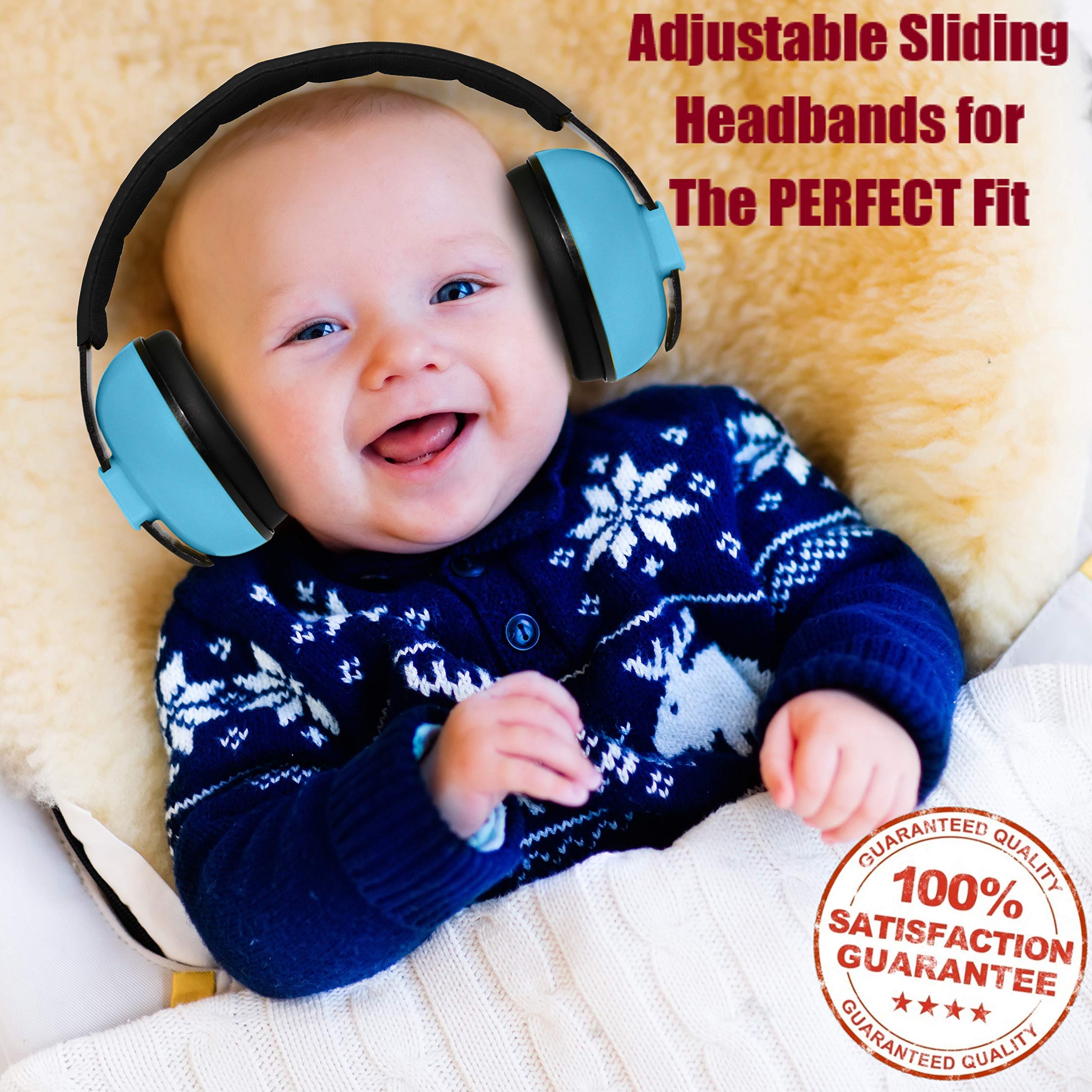 Noise Cancelling Baby Ear Protection Baby Earmuffs ~ Protect Infants and Kids Hearing with Safe, Sound Proof Ear Muffs ~ Comfort Fit + Bonus Travel Bag and Stickers by ROMS Baby (Blue)