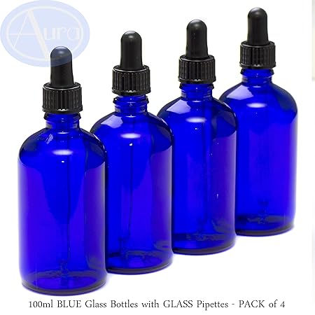100 ml blau Glas Flaschen mit GLAS Pipetten für ätherisches Öl/Aromatherapie Verwenden – 4 Stück