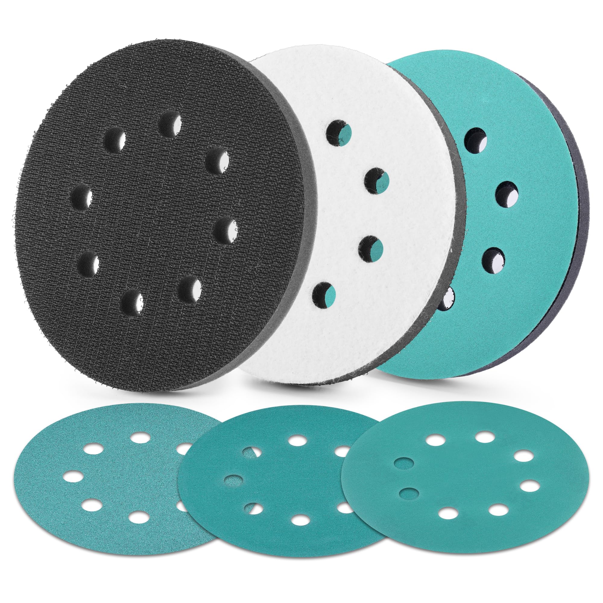 Photo 1 of WORKPRO 5 Inch Orbital Sander Interface Pads and Sanding Discs, 3 Foam Buffer Pads & 3 Grit Sandpaper (80/120/240), 8 Hole Hook and Loop Soft Cushion Sponge Backing for Sander