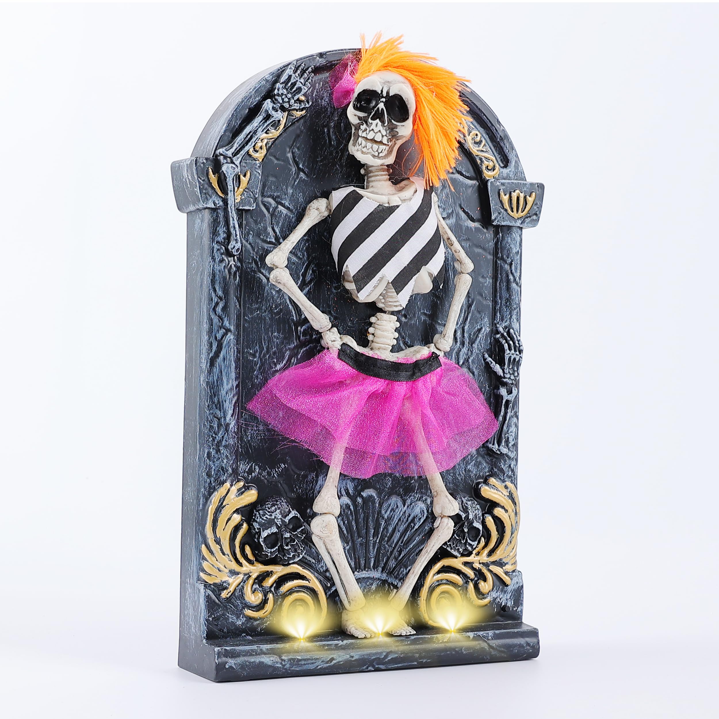 Photo 1 of EVAPLUS Halloween Decorations Animated Dancing Skeletons on Tombstone with Music,12.5" Halloween Decor Props with Motion Sensor and Light(Yellow Hair and Pink Skirt)