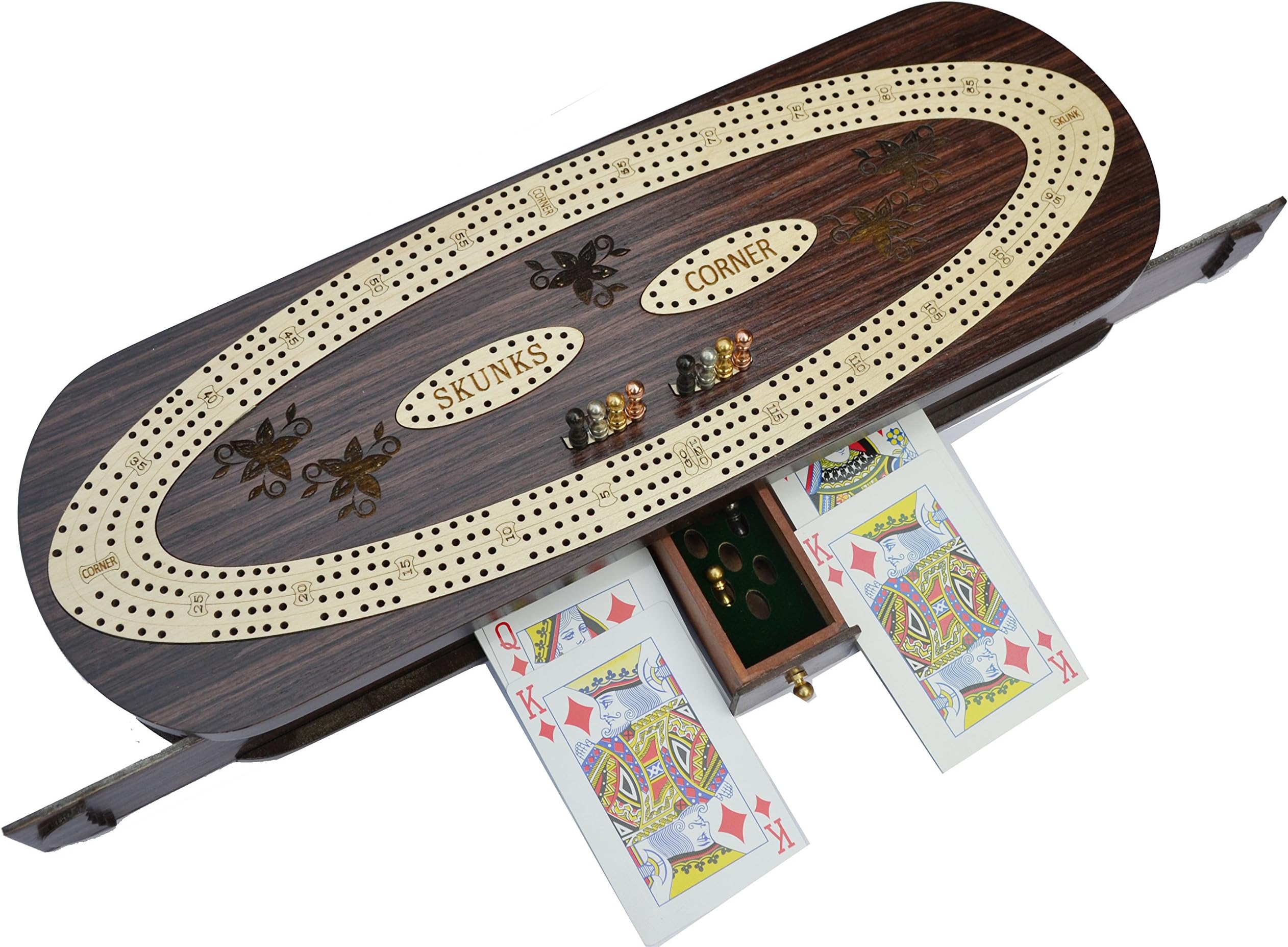 Christmas Gifts 4 Track Cribbage Board Game Set with 12 Metal Pegs, 2 Decks Of Cards, 12 Metal Pegs With Storage
