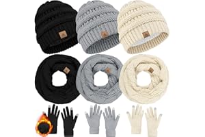 LOROME 3 Set Winter Beanie Hat Scarf Gloves, Warm Fleece Knit Winter Hats Touch Screen Gloves Neck Scarf Set Winter Gifts Women