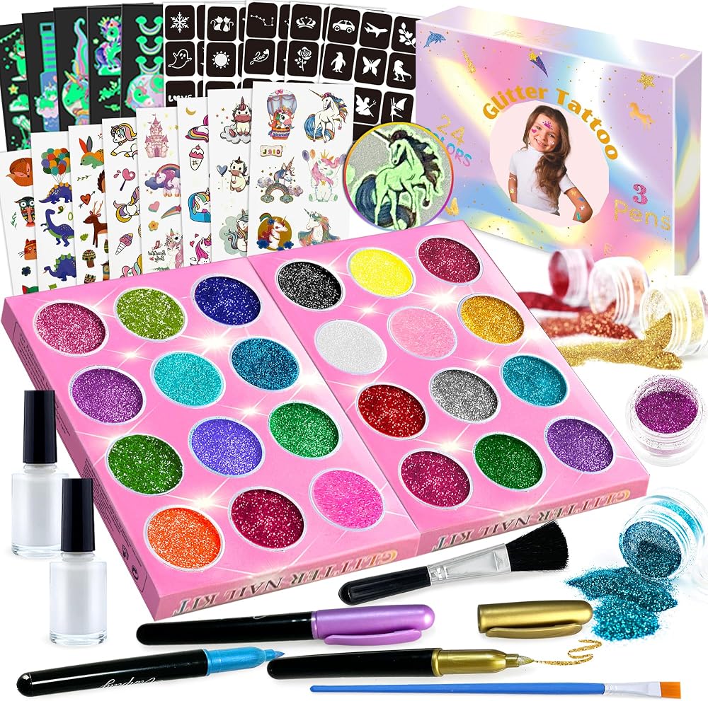 Lubibi Glitter Tattoos Kit for Kids 24 Colors Stencils Markers Party Favors