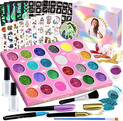Lubibi Glitter Tattoos Kit for Kids 24 Colors Stencils Markers Party Favors