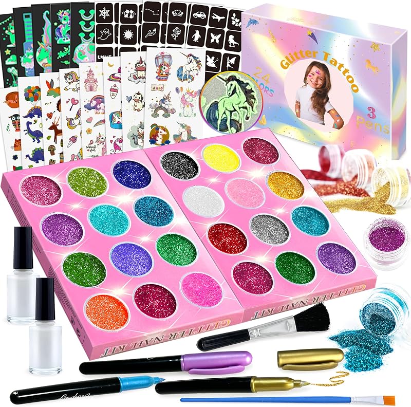 Lubibi Glitter Tattoos Kit for Kids 24 Colors Stencils Markers Party Favors