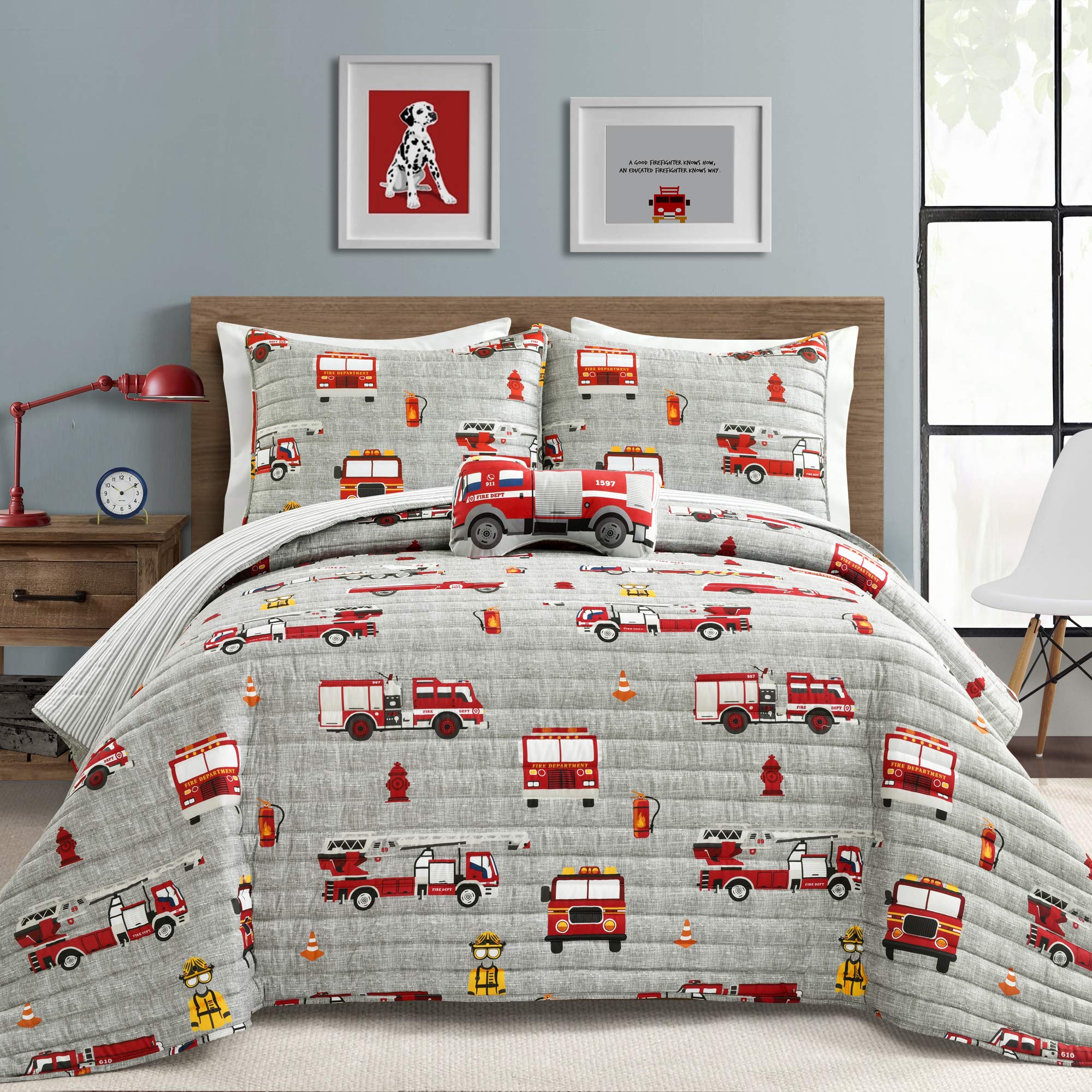 Lush Decor Fire Truck Quilt 3 Piece Set, Twin, Red & Gray – Reversible Stripe Print Toddler Bedding Set for Kids Room