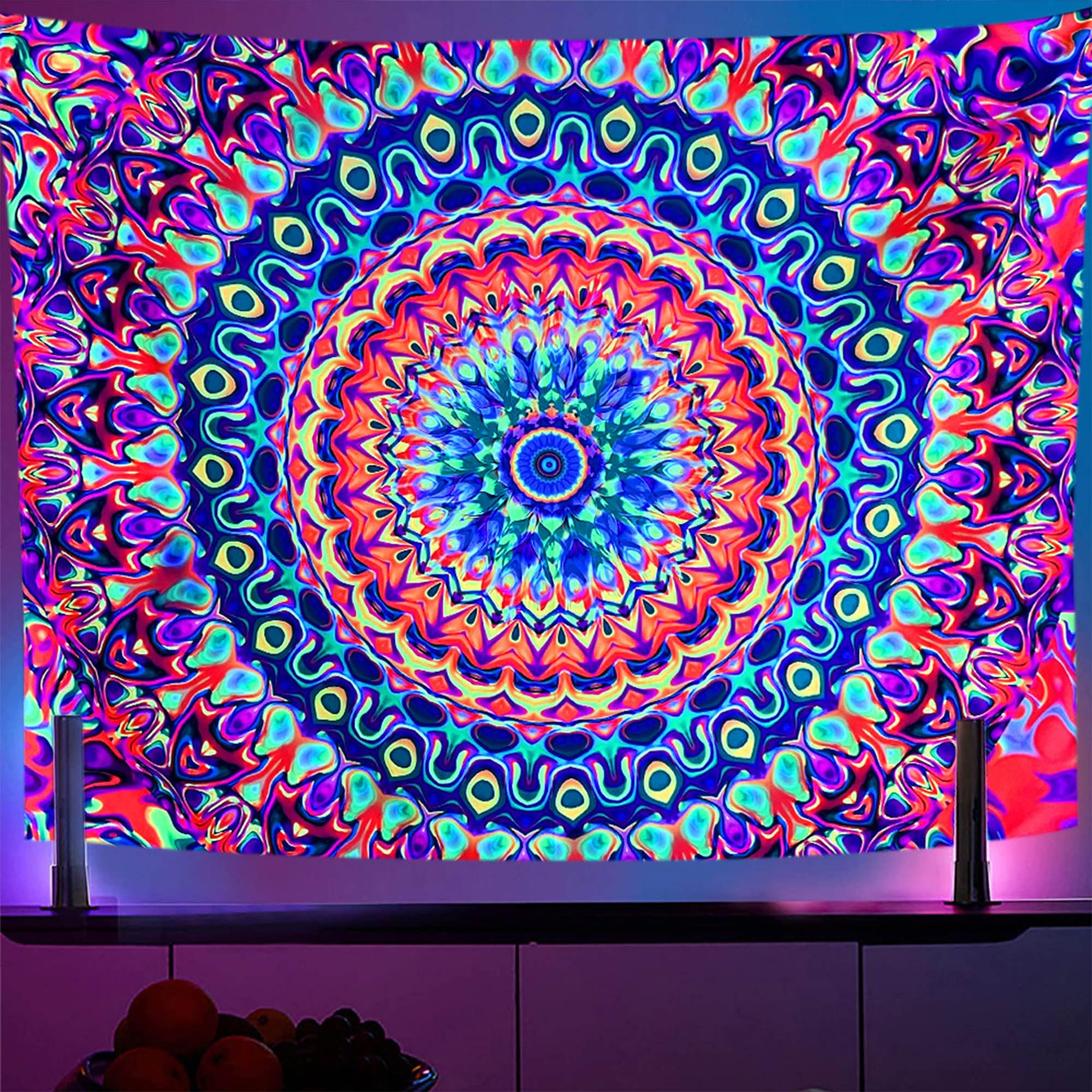 OSVINO Blacklight Colorful Mandala Tapestry 200x150CM Kaleidoscopic Trippy Room Decor Black Light Poster Bohemian Wall Decor for Bedroom Backdrop Decor