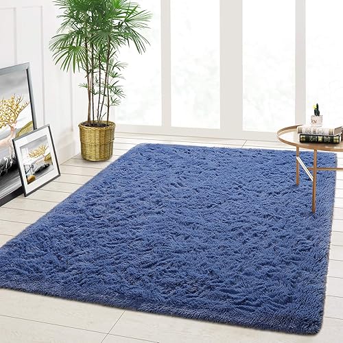 Goffee Ultra Soft Fluffy Area Rugs for Bedroom Living Room, Shaggy Rugs for Kids Boys Baby Room, Modern Furry Rugs Large Floor Carpet for Children Bedroom Dorm Home Decor, 4ft x 5.3ft, Light Navy